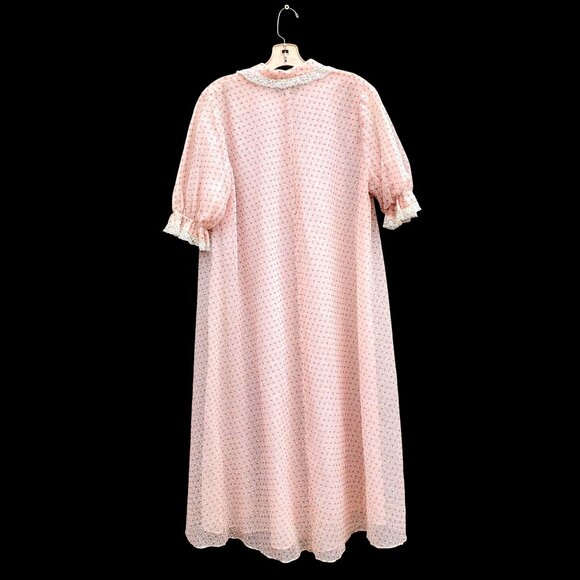Vintage Pink Nylon Dotted Swiss Robe L Lace Collar Rhinestone Buttons 1960s - Picture 5 of 11